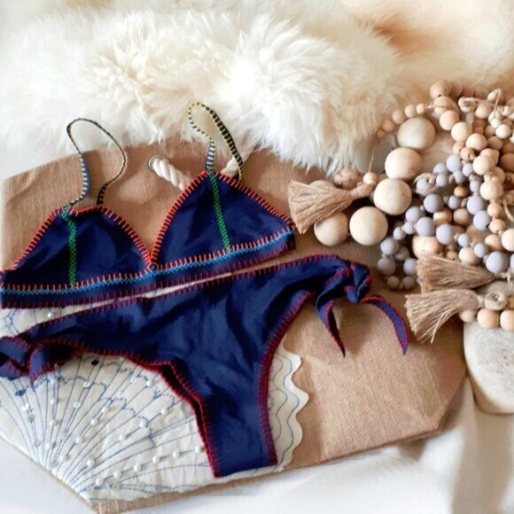 NWT Benedetta blue & red crochet stitching skini bikini top & side tie bottom - Picture 2 of 16